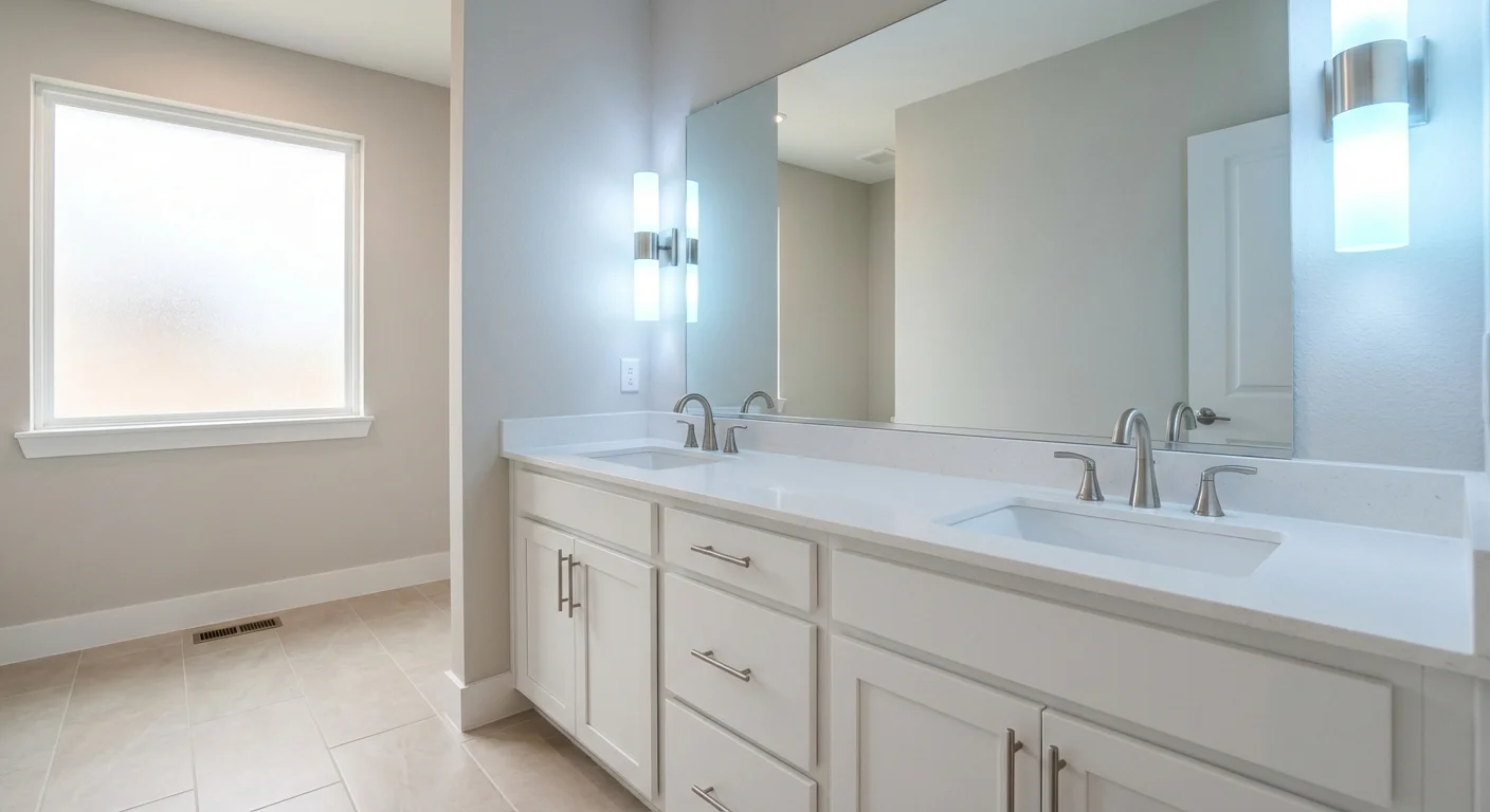 Primary bathroom vanity with upgraded countertop, faucets, and tile