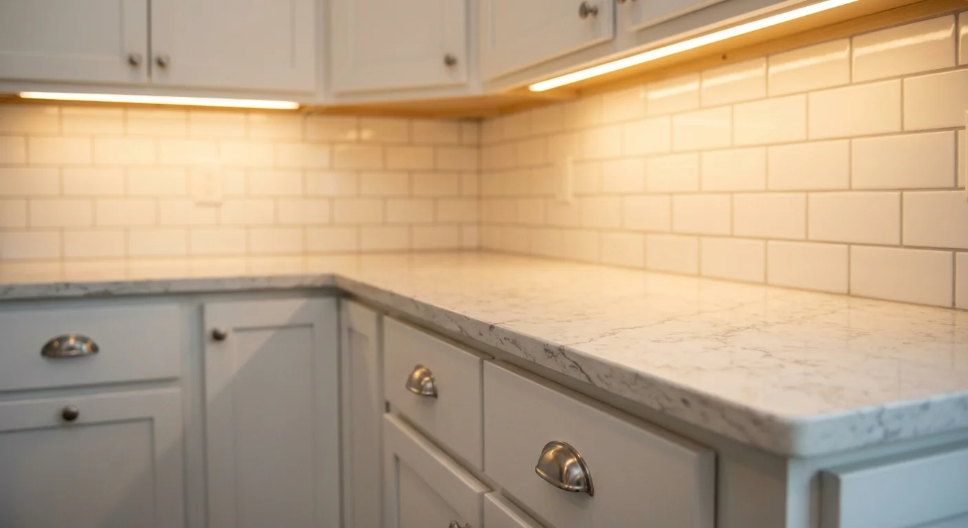 Close-up of kitchen cabinet door meeting countertop edge and backsplash tile