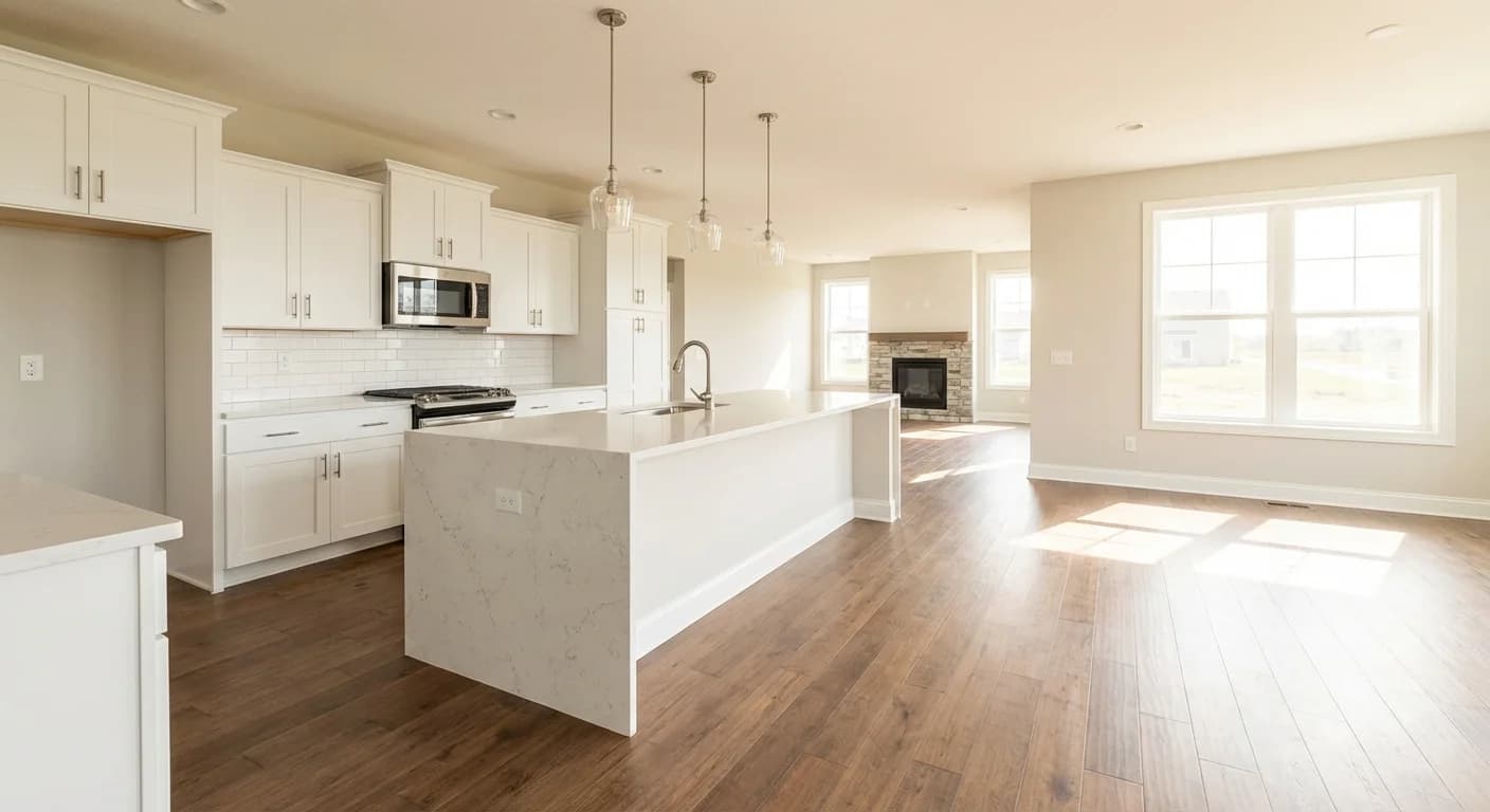 Open-concept kitchen and living room showing cabinetry, countertops, flooring, backsplash, and lighting selections