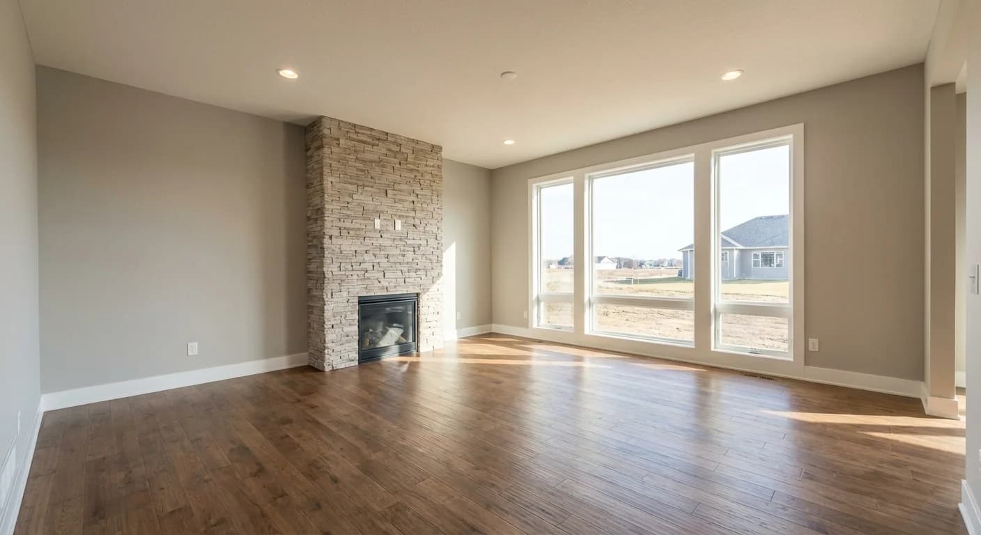 Living room with upgraded hardwood flooring and recessed lighting